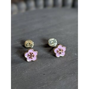 TORY BURCH Kira Mini Pink Enamel Flower Logo T Stud Earrings